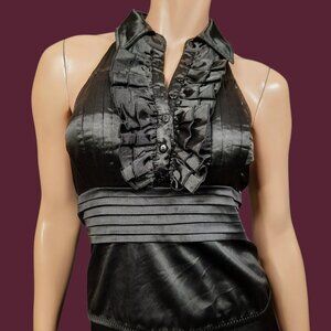 Y2K Black Ruffled sleeveless Satin Blouse Going Out Top Size S Halter Neck